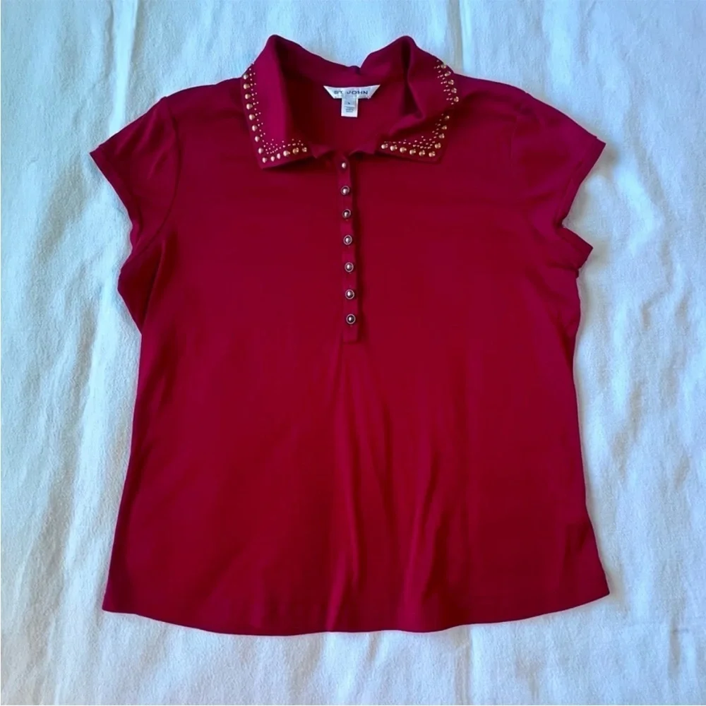 ST. JOHN VTG Red Studded Collar Button Front Polo Shirt 100% Cotton Women's‎ L - Picture 5 of 9